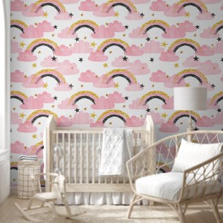 Watercolor Pink Rainbow Clouds Stars Girls Nursery