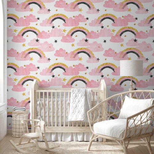 Watercolor Pink Rainbow Clouds Stars Girls Nursery Wallpaper