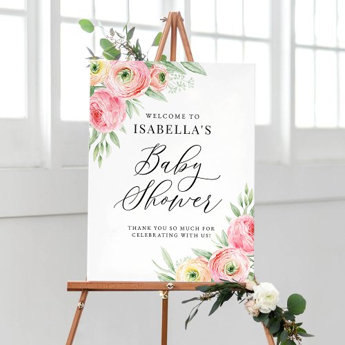 Watercolor Pink Ranunculus Baby Shower Welcome Poster