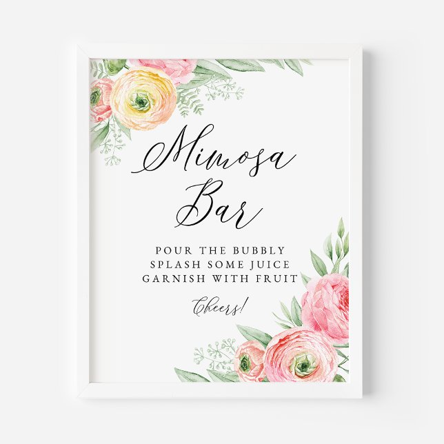 Watercolor Pink Ranunculus Flowers Mimosa Bar Poster (Creator Uploaded)