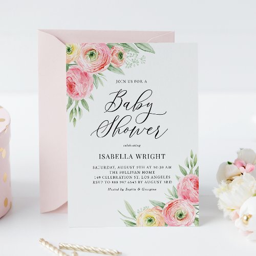 Watercolor Pink Ranunculus Spring Baby Shower Invitation