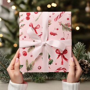 Watercolor Pink & Red Christmas Candy Cane Wrapping Paper