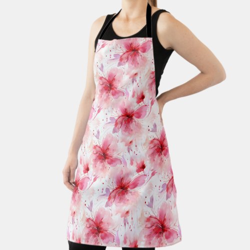 Watercolor Pink Red Flowers Spring Floral Pattern  Apron