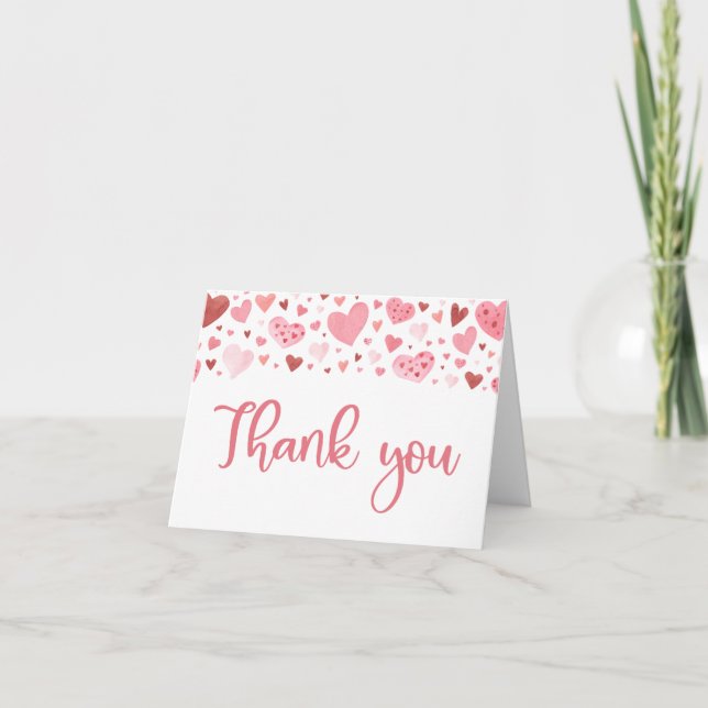 Watercolor Pink Red Hearts Valentine Sweetheart Thank You Card (Front)