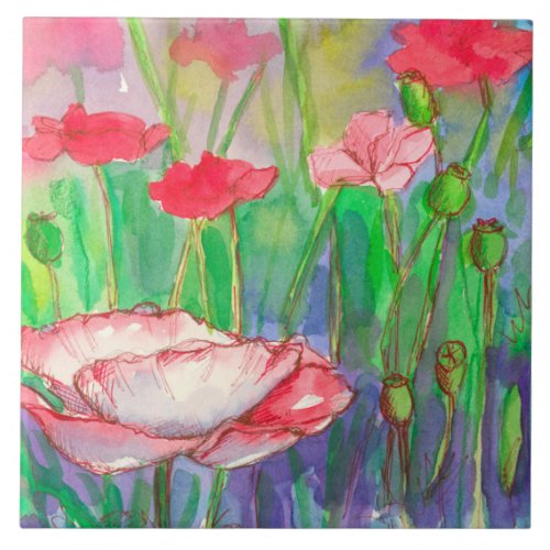 Watercolor Pink Red Poppy Flowers Tile