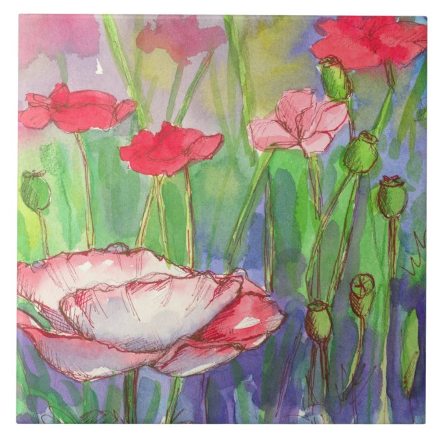 Watercolor Pink Red Poppy Flowers Tile (Front)