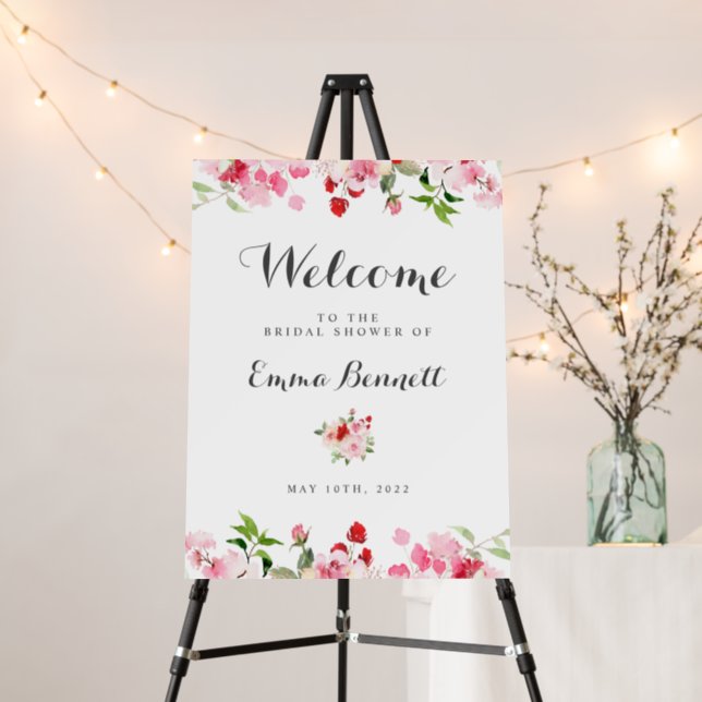 Watercolor Pink Red Roses Bridal Shower Welcome Foam Board (In Situ (Stand))