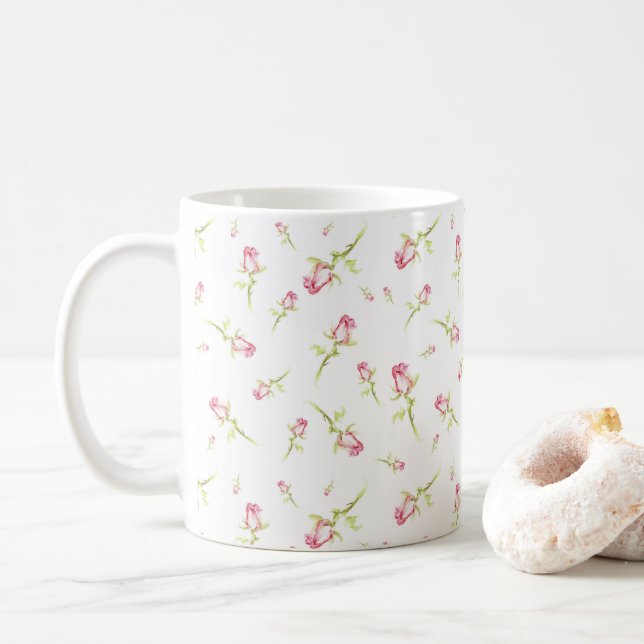 Watercolor Pink Red Roses Hand Painted Coffee Mug (With Donut)