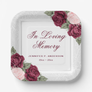 Watercolor Pink Red Silver Floral Memorial Funeral Paper Plates