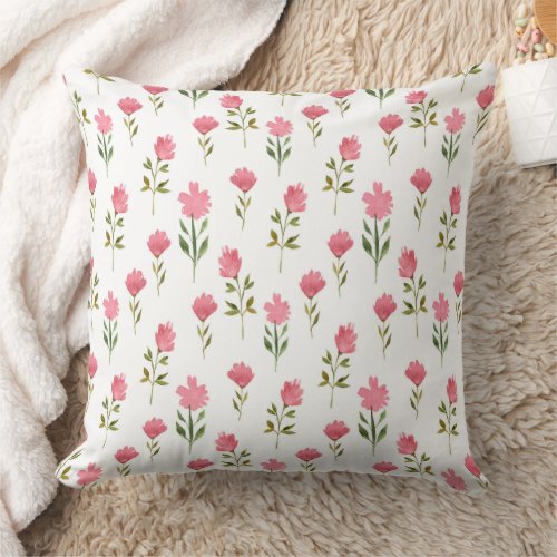 Watercolor Pink Red Spring Flowers Pattern Throw Pillow