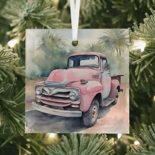 Watercolor Pink Retro Truck In Palms Glass Ornament