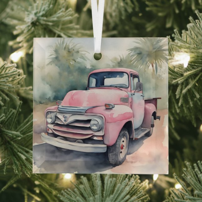 Watercolor Pink Retro Truck In Palms Glass Ornament (Insitu)