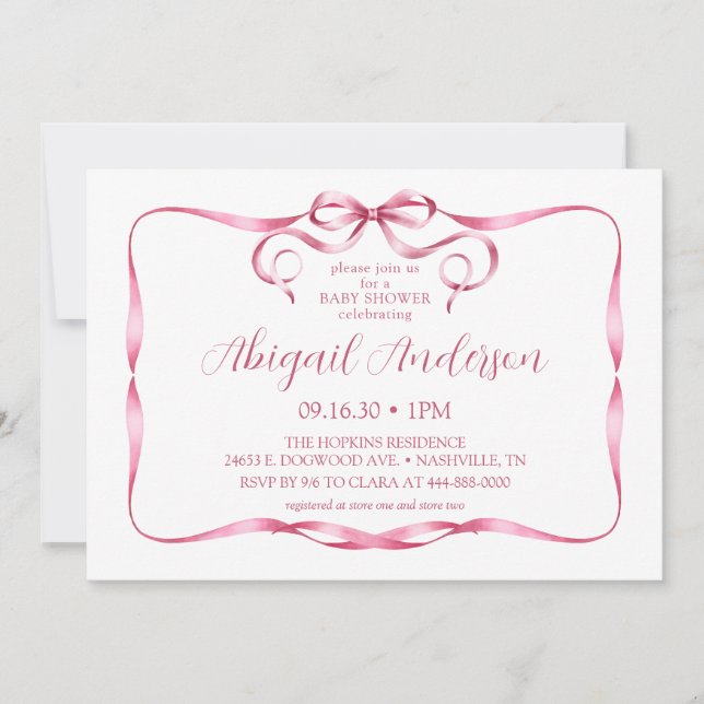 Watercolor Pink Ribbon Baby Shower Invitation (Front)