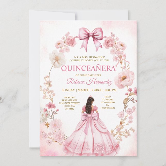 Watercolor Pink Ribbon Bows Quinceañera Invitation (Front)