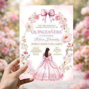 Watercolor Pink Ribbon Bows Quinceañera Invitation