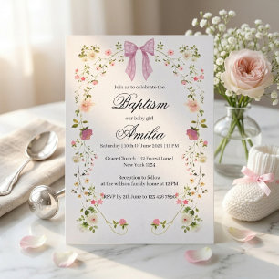 Watercolor Pink Ribbon Floral Baby Girl Baptism Invitation