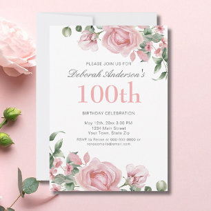 Watercolor PInk Rose 100th Birthday Party Invitation