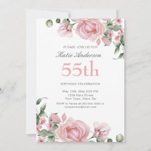 Watercolor PInk Rose 55th Birthday Party Invitation
