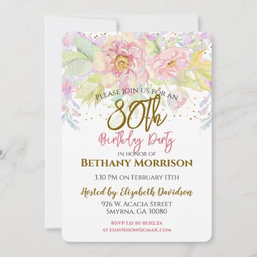 Watercolor Pink Rose 80th Birthday Invitation