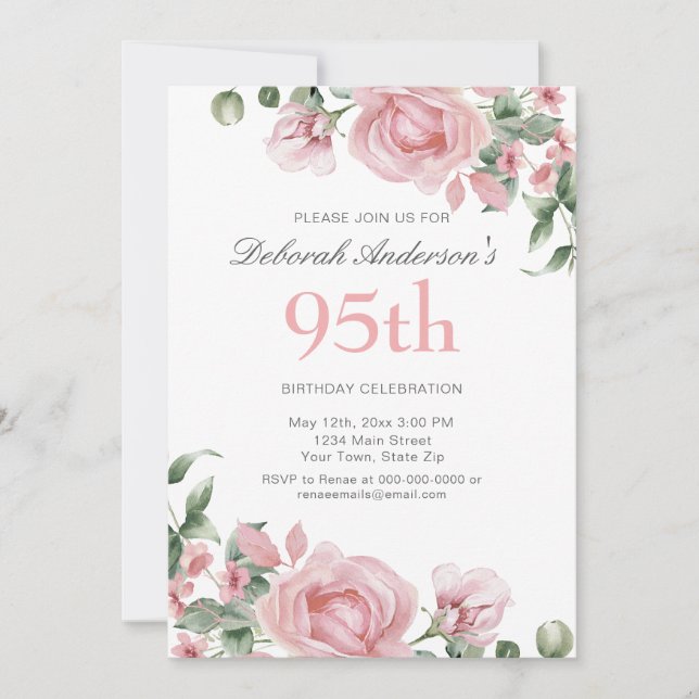 Watercolor PInk Rose 95th Birthday Party  Invitation (Front)