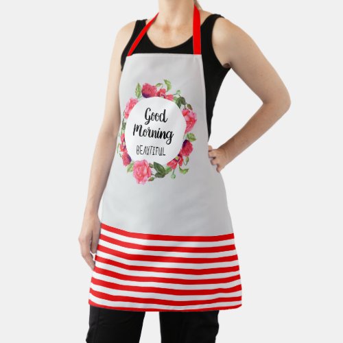 Watercolor Pink Rose and Red Poppies Wreath Circle Apron