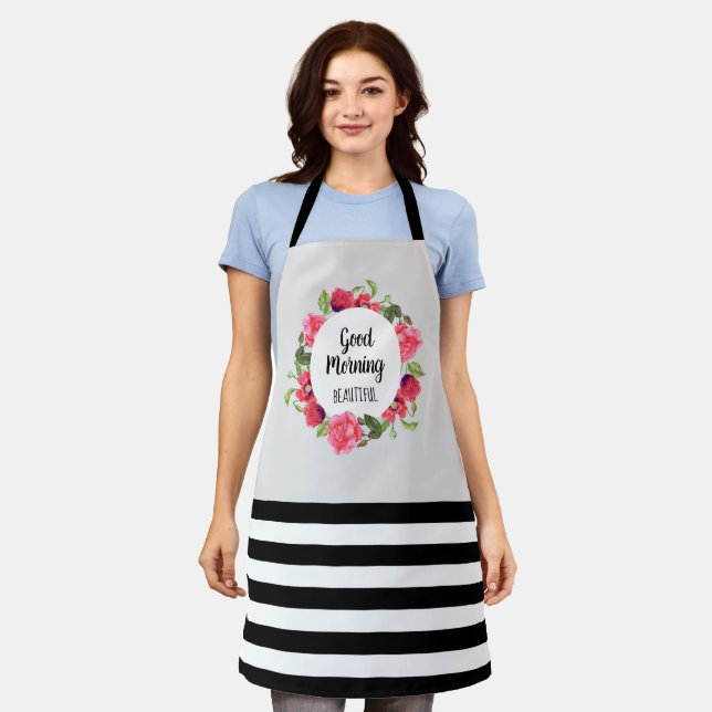 Watercolor Pink Rose and Red Poppies Wreath Circle Apron (Worn)
