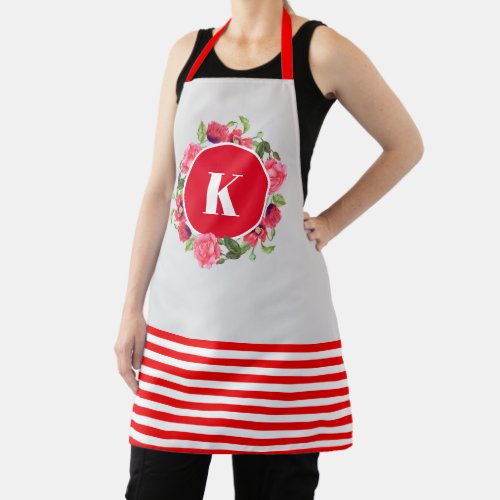 Watercolor Pink Rose and Red Poppies Wreath Circle Apron