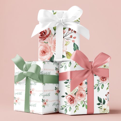 Watercolor Pink Rose Birthday Wrapping Sheets 