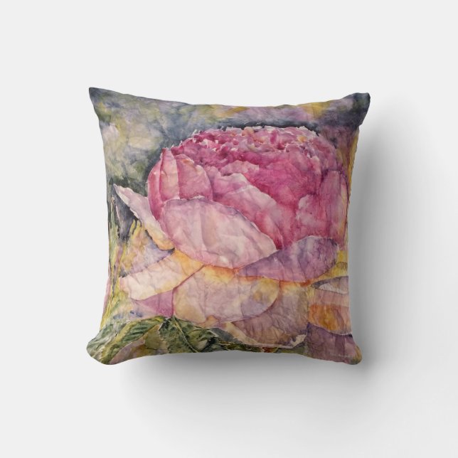 Watercolor Pink Rose Bloom Throw Pillow (Front)