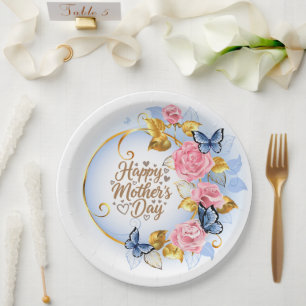 Watercolor Pink Rose & Blue Butterfly Mother’s Day Paper Plates