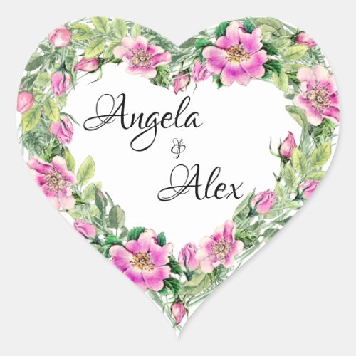 Watercolor Pink Rose Border Bride and Groom Heart Sticker