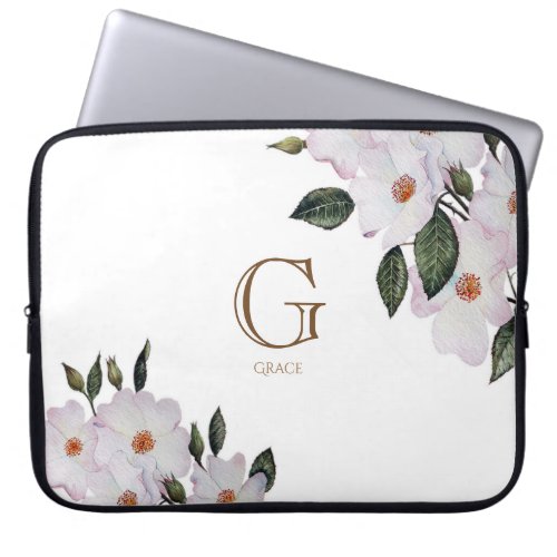 Watercolor Pink Rose Botanical Floral Art Monogram Laptop Sleeve