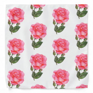 Watercolor Pink Rose Botanical Floral Illustration Bandana