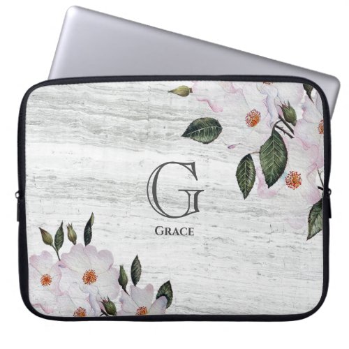 Watercolor Pink Rose Botanical Floral Marble Stone Laptop Sleeve