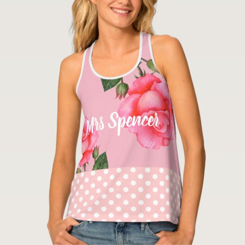 Watercolor Pink Rose Botanical Floral Polka Dot Tank Top