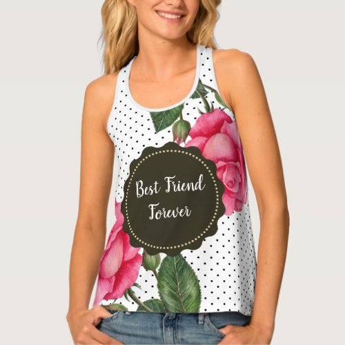 Watercolor Pink Rose Botanical Floral Polka Dot Tank Top