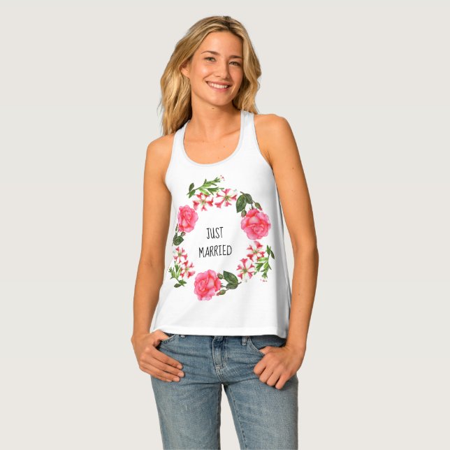 Watercolor Pink Rose Botanical Floral Stripes Tank Top (Front Full)