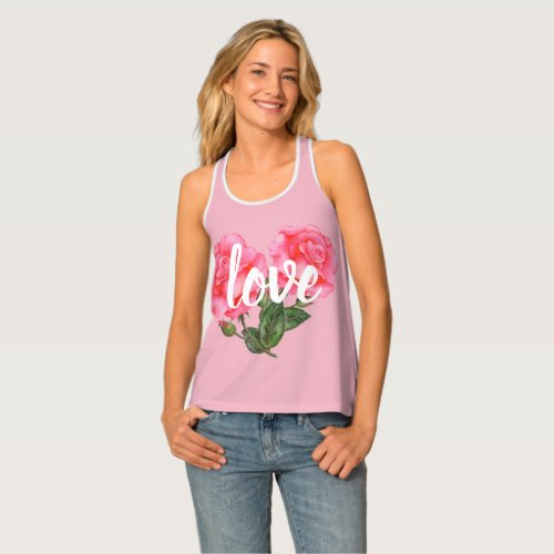 Watercolor Pink Rose Botanical Floral Stripes Tank Top