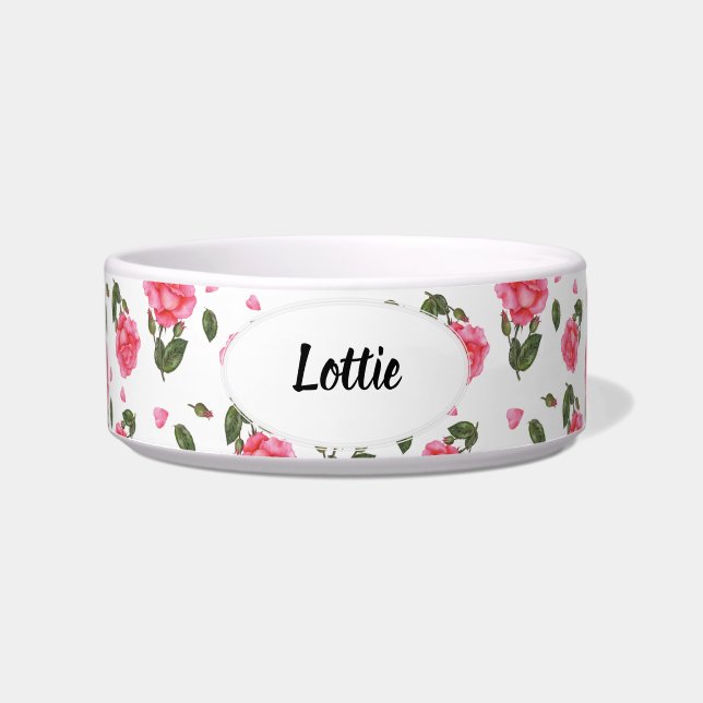 Watercolor Pink Rose Botanical Illustration Bowl (Front)