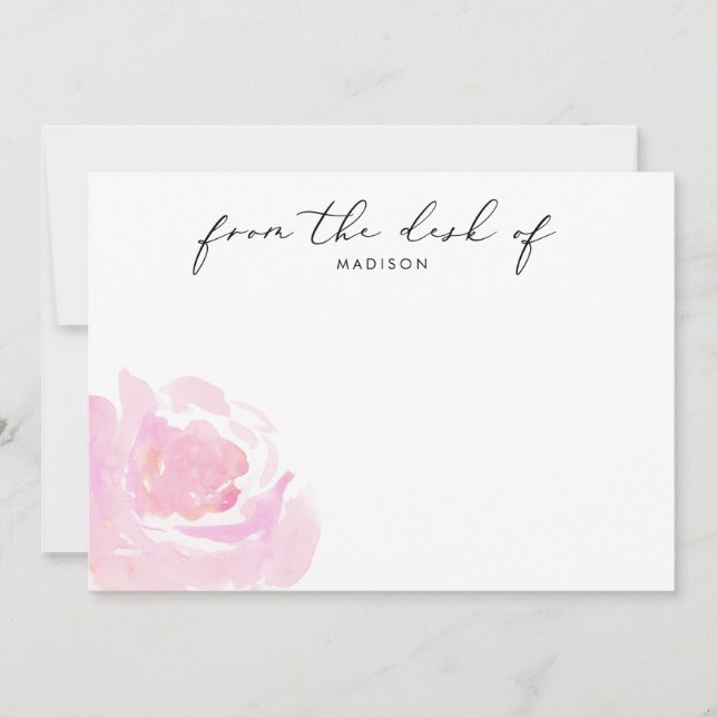 Watercolor Pink Rose Calligraphy Note Card (Front)