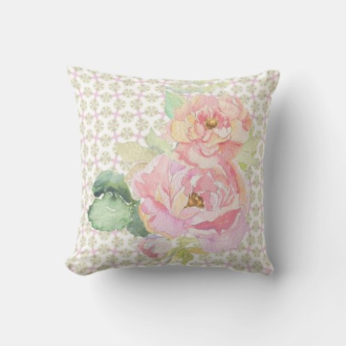 Watercolor Pink Rose Farmhouse Floral Throw Pillow