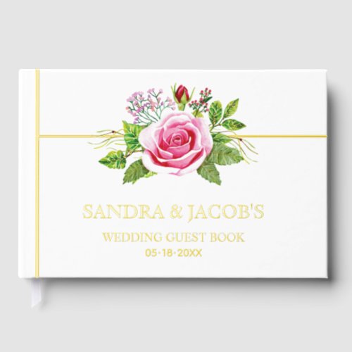 Watercolor pink rose floral gold foil wedding  guest book