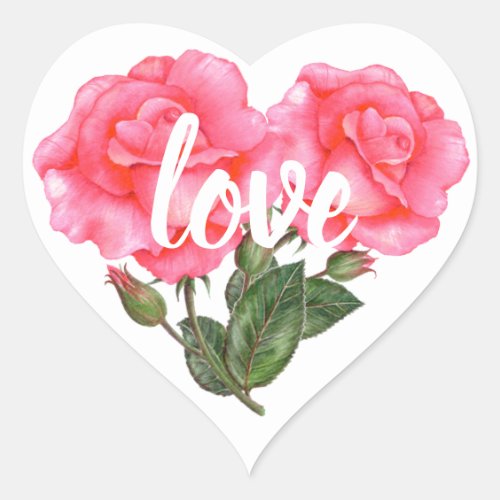 Watercolor Pink Rose Floral Illustration Love Heart Sticker