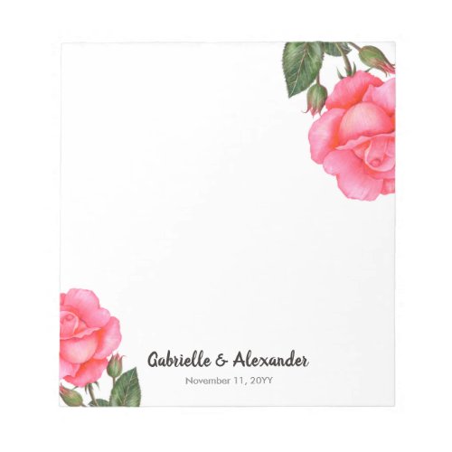 Watercolor Pink Rose Floral Illustration Wedding Notepad