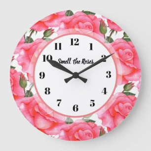 Watercolor Pink Rose Floral Pattern Illustration Large Clock