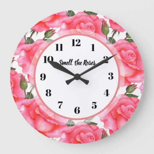Watercolor Pink Rose Floral Pattern Illustration Large Clock