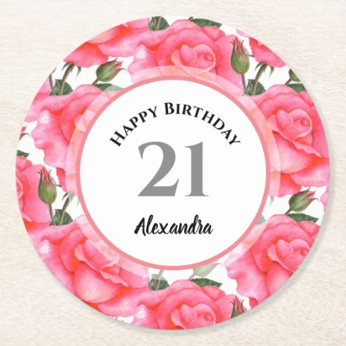 Watercolor Pink Rose Floral Pattern Illustration Round Paper Coaster