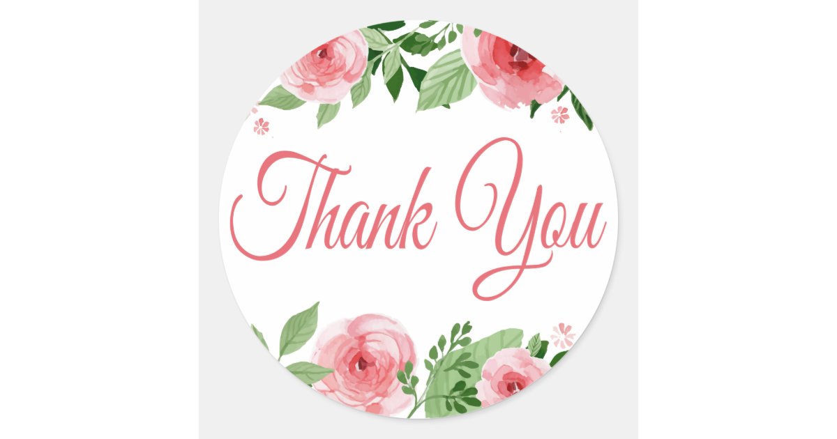 Watercolor Pink Rose Floral Thank You Classic Round Sticker | Zazzle