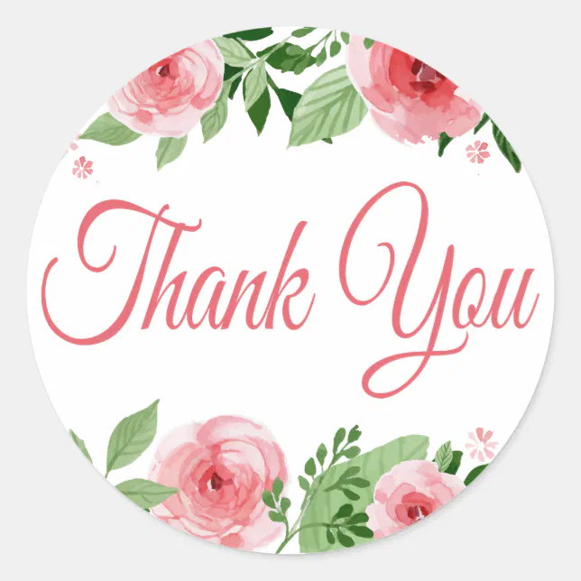 Watercolor Pink Rose Floral Thank You Classic Round Sticker | Zazzle