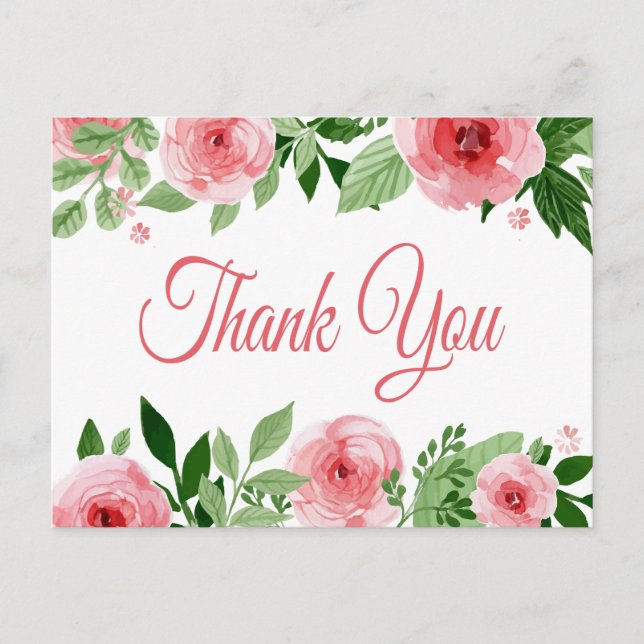 Watercolor Pink Rose Floral Thank You Postcard (Front)
